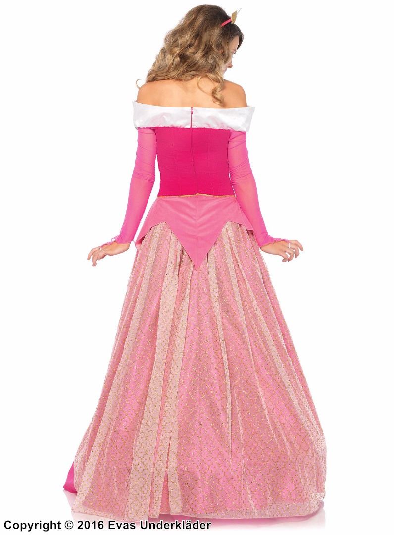 Prinsessa Aurora från Törnrosa, maskeradklänning med öppna axlar, snörning och stor rosett